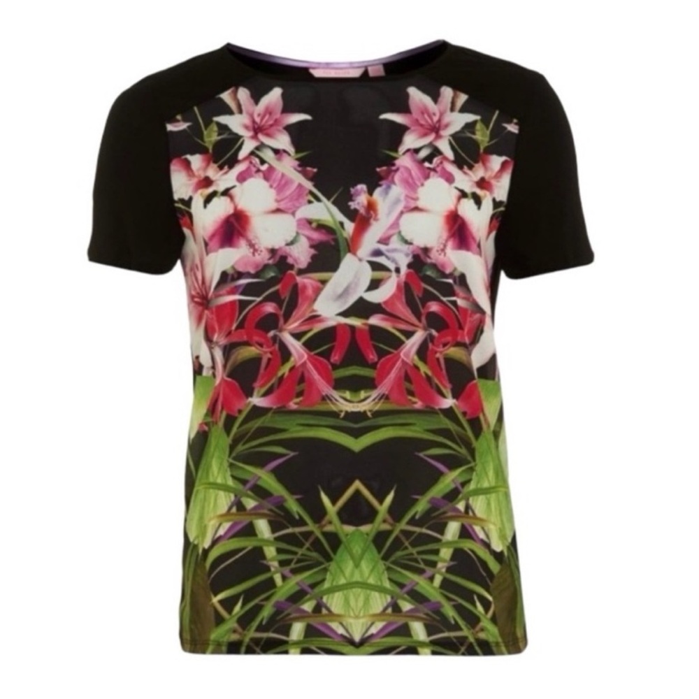 Ted Baker Black Floral Print Renella Mirrored Tropics Short Sleeve Tee Size XS